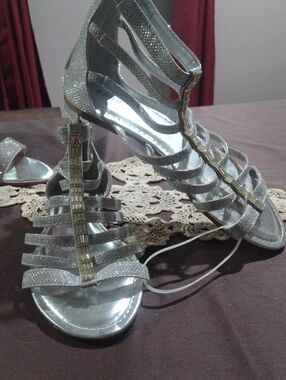 BAMBOO Silver Glitter Strappy Heels